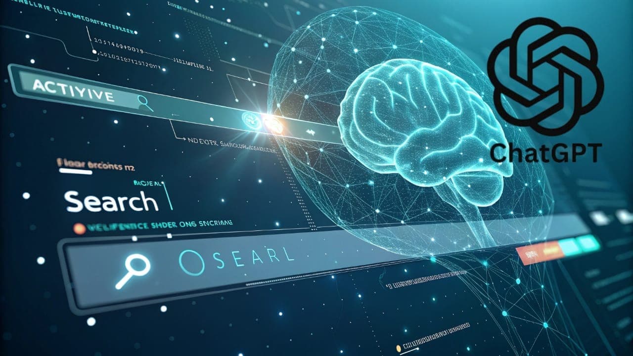 An advanced search interface displays a luminous artificial brain and the ChatGPT logo, symbolizing enhancements in search quality and query comprehension.