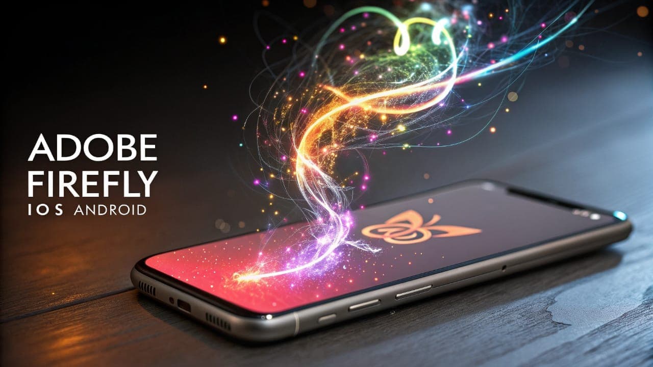 A smartphone displays the Adobe Firefly app logo with colorful light effects symbolizing AI creativity, highlighting support for both iOS and Android.