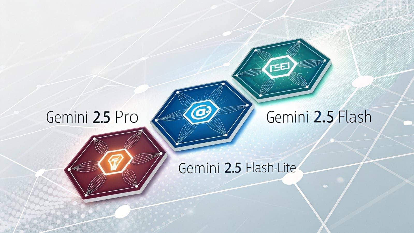 رسم توضيحي لعائلة نماذج Google Gemini 2.5 يظهر أيقونات تمثل Pro، Flash، Flash-Lite على خلفية تكنولوجية متصلة.