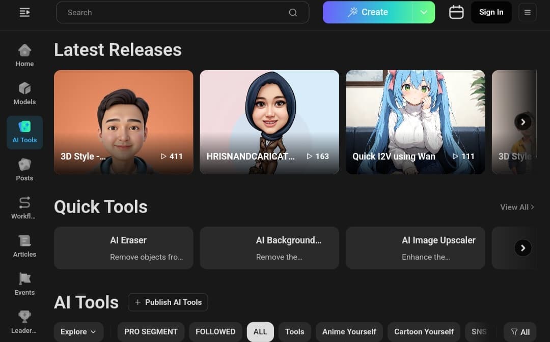 Tensor.Art website interface: Create AI images and videos, run and train models for free.