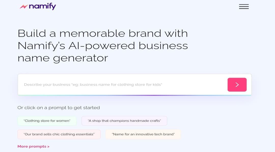 Namify interface for generating brand names using AI
