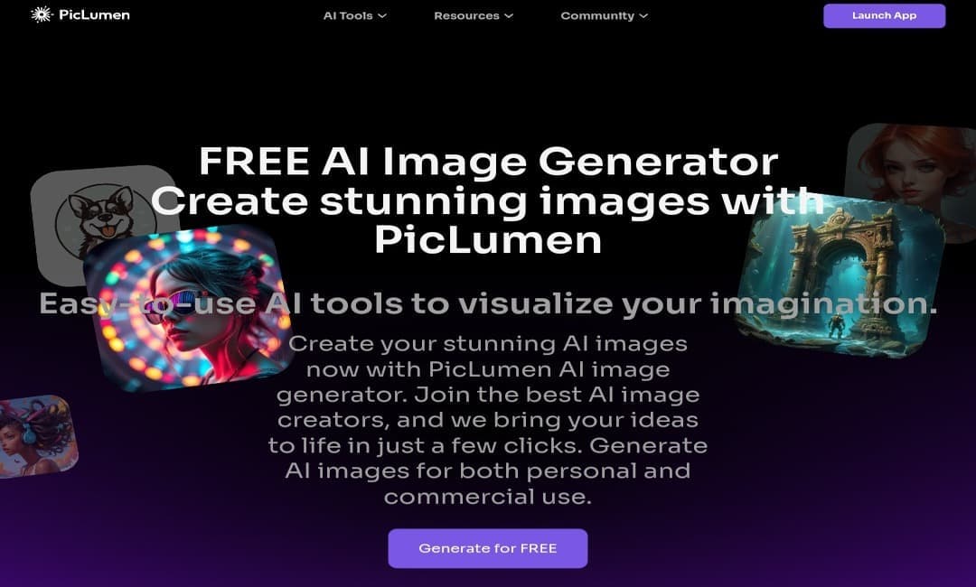 PicLumen website for creating and editing AI images for free.