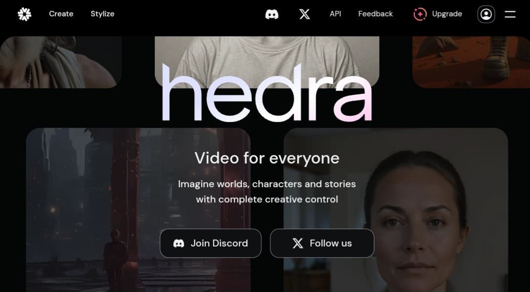 واجهة منصة hedra.com لتوليد مقاطع فيديو صوتية من الصور، وإنشاء قصص وشخصيات بالذكاء الاصطناعي.