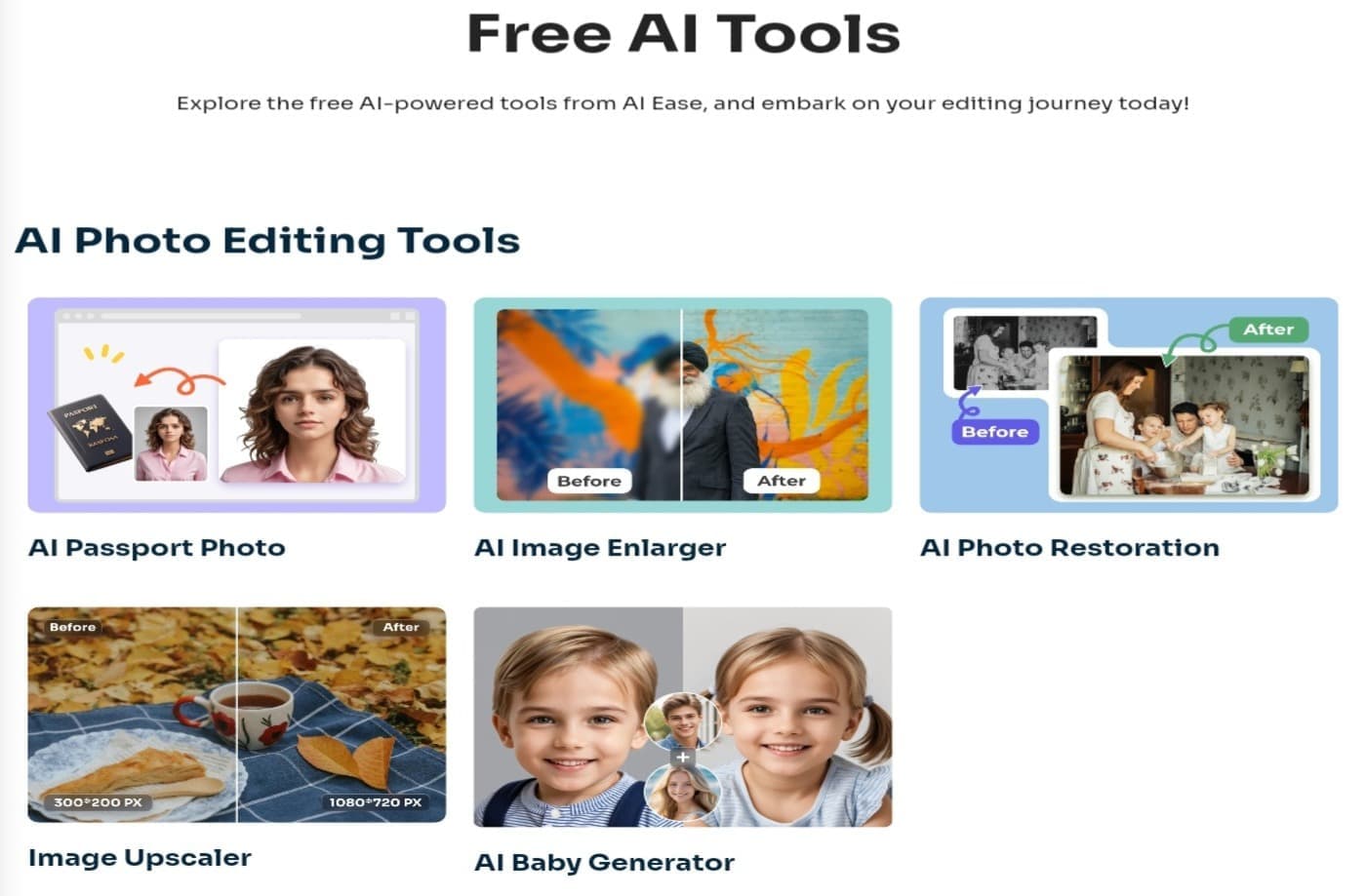 The aiease.ai platform, showcasing its many free AI tools for photo editing, processing, and restoring old photos.