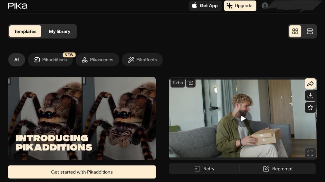 Pika Art Interface for Video Creation from Text, Images and Videos.