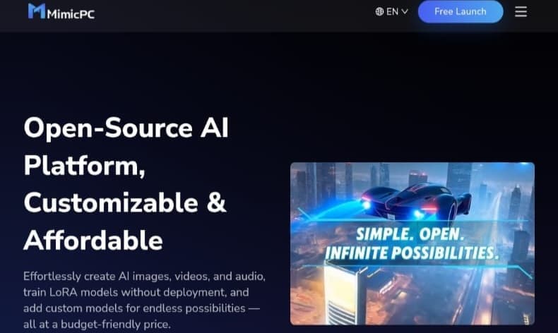 MimicPC: AI platform for creating images, videos, audio, and training AI models.