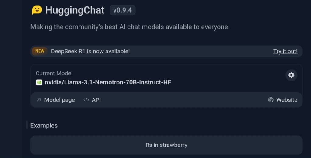 Screenshot of the main HuggingChat platform interface displaying the language model in use (Llama) and a notification about the availability of the DeepSeek R1 model, with links to the model page and API.