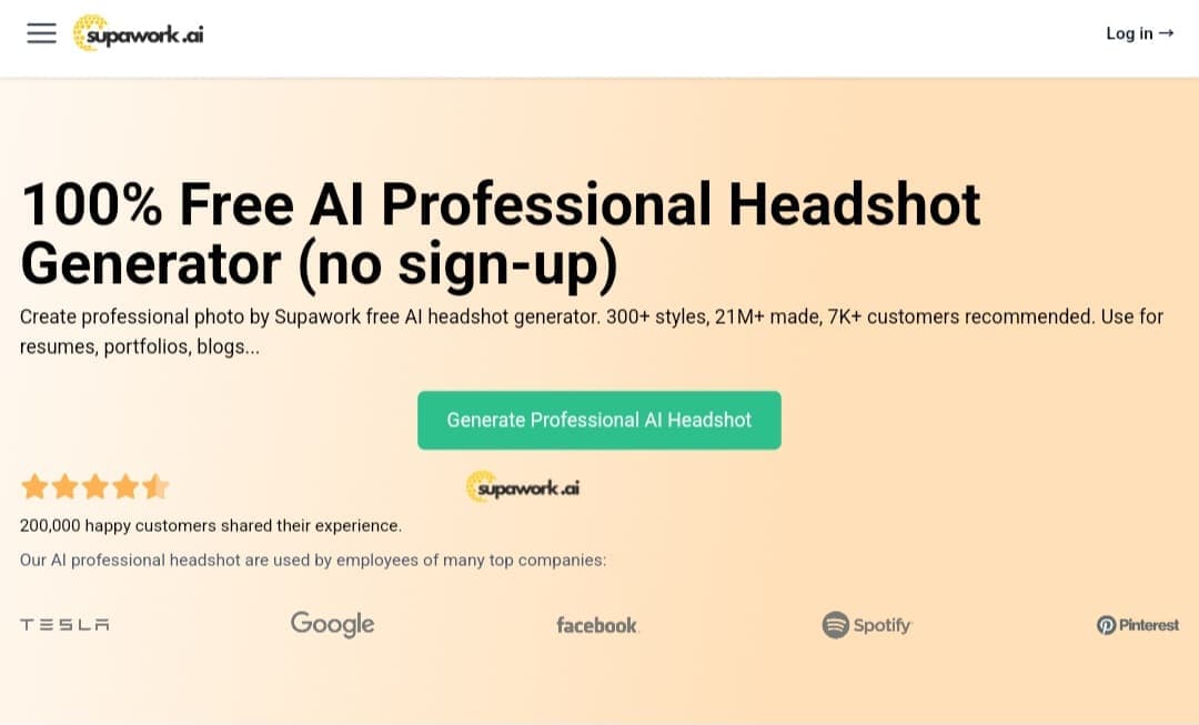 واجهة أداة Supawork Free AI headshot generator لتصميم صور شخصية بالذكاء الاصطناعي مجانًا