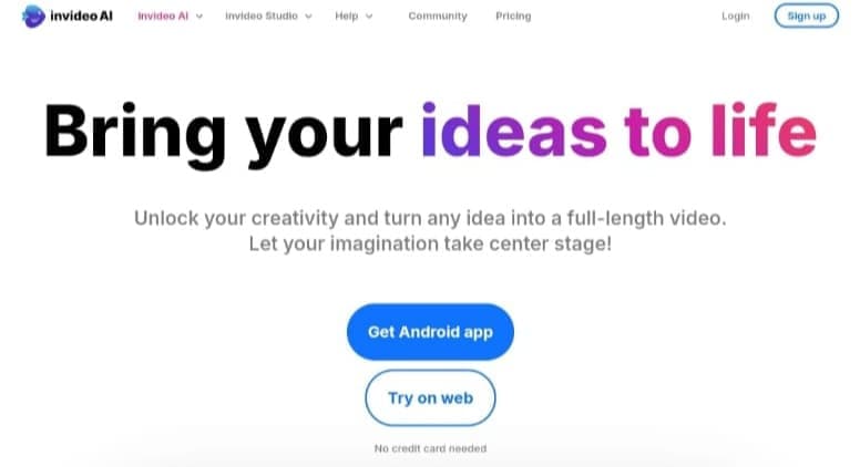 واجهة منصة InVideo AI لتحويل الأفكار إلى فيديوهات كاملة، مع دعوة لتجربة الأداة لإنشاء الفيديو بالذكاء الاصطناعي.
