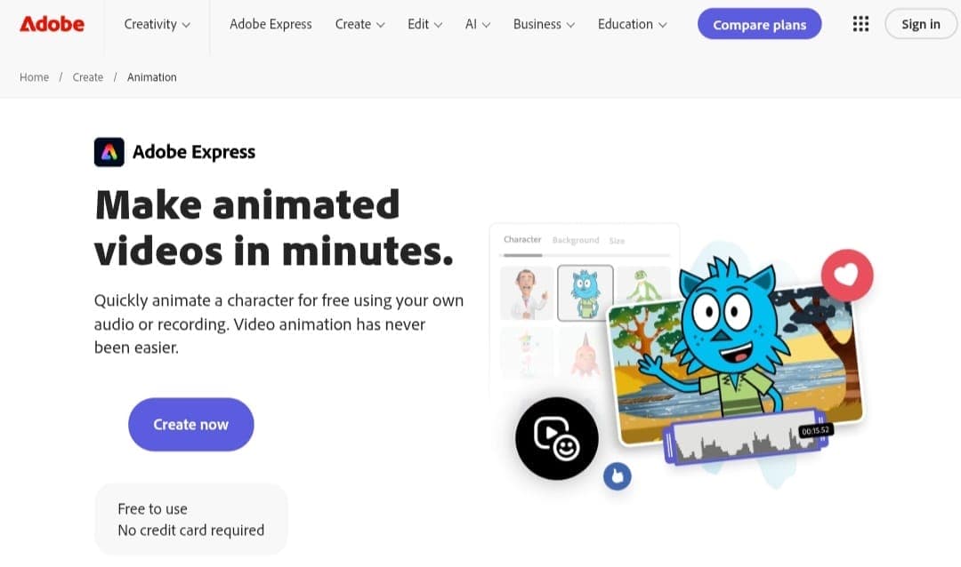واجهة أداة Adobe Express Animation لتحريك الشخصيات وإنشاء مقاطع الرسوم المتحركة بالذكاء الاصطناعي مجانًا