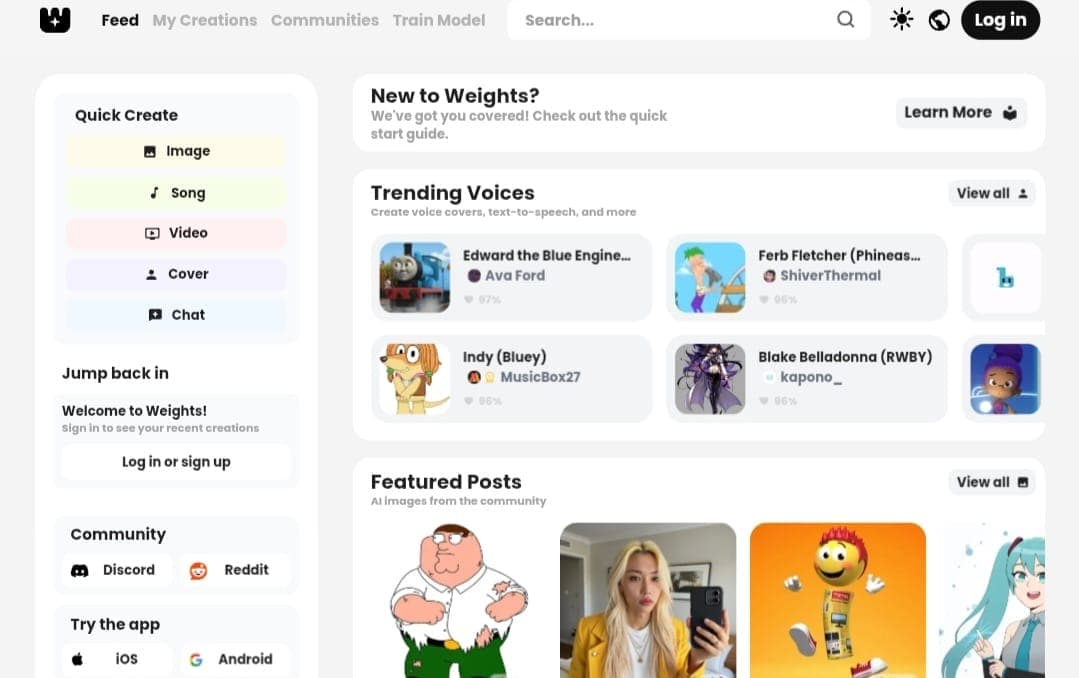 Weights.gg platform interface for visual and audio content generation.