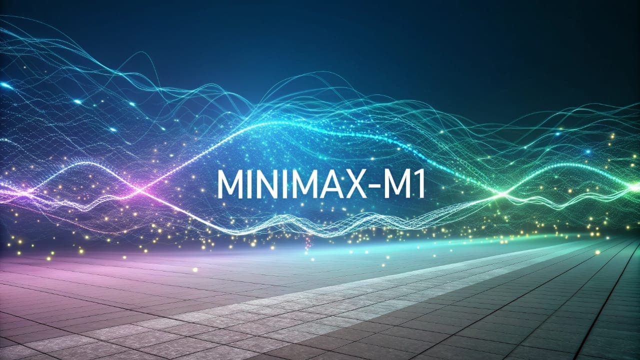 تمثيل بصري لنموذج MiniMax-M1 للذكاء الاصطناعي مفتوح المصدر مع إبراز قدراته في معالجة البيانات وسياق المليون وحدة.