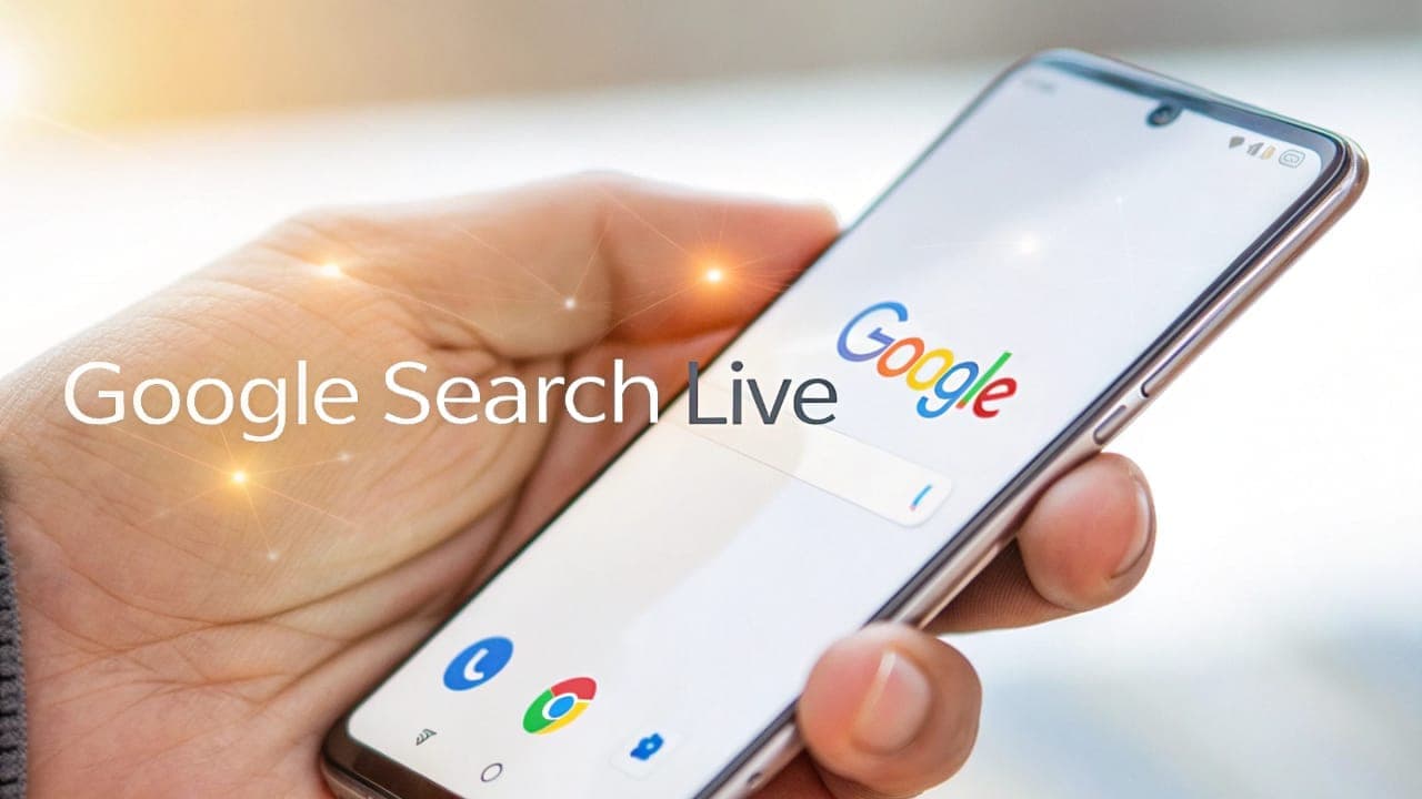 يد تمسك هاتفًا ذكيًا يعرض واجهة بحث جوجل مع عبارة "Google Search Live" بارزة، للدلالة على ميزة البحث الصوتي التفاعلي الجديدة.