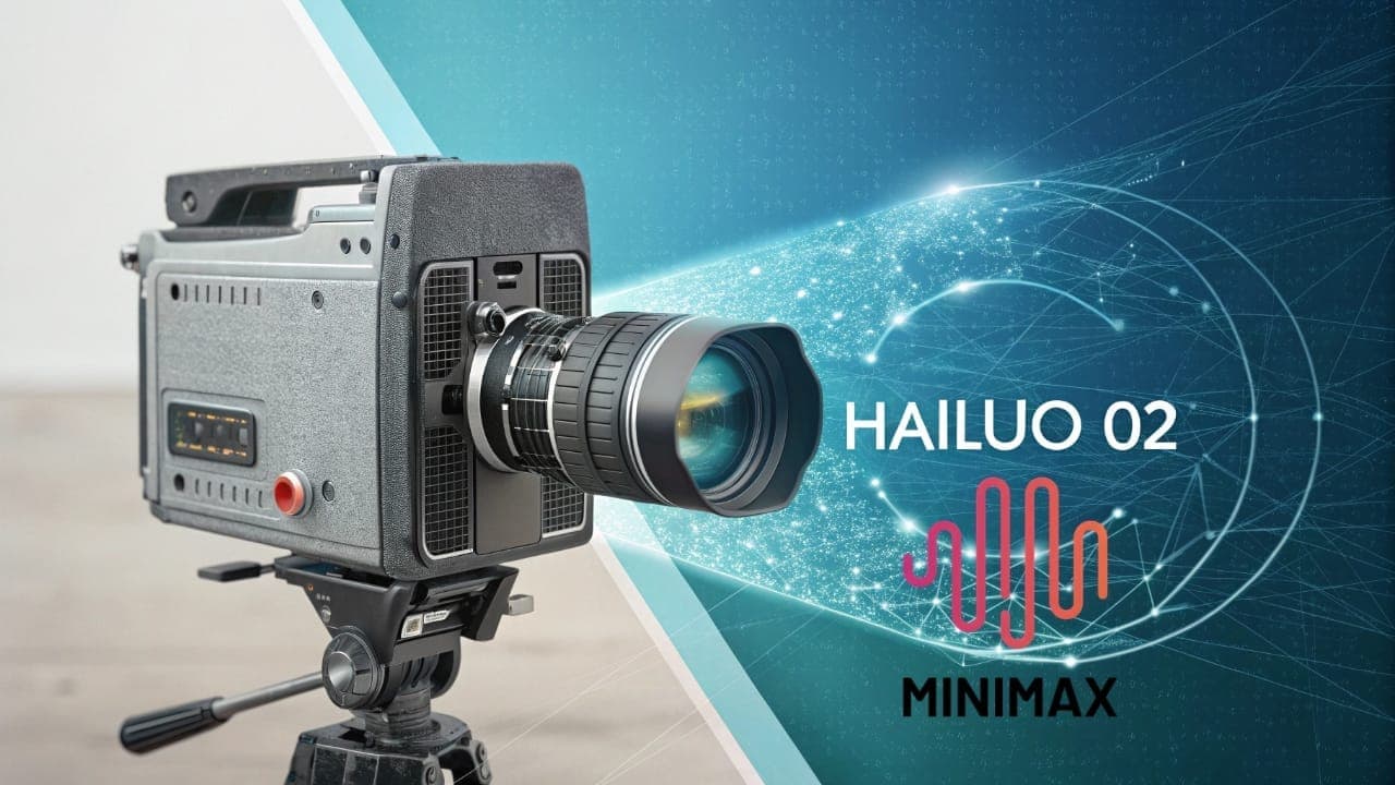 A video camera symbolizing MiniMax's Hailuo 02 AI video generation model, with a digital background displaying the Hailuo 02 and MiniMax logos.