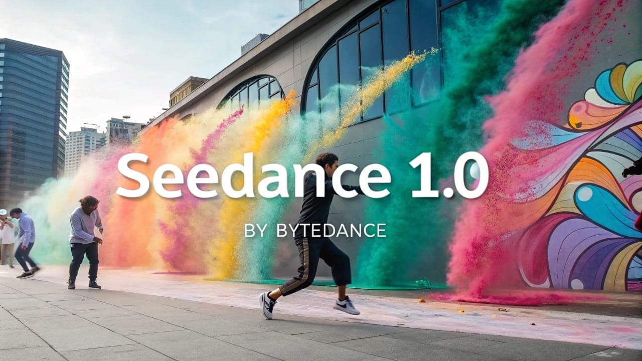مشهد ترويجي لنموذج Seedance 1.0 من بايت دانس، تظهر أشخاصًا يركضون وسط انفجارات مساحيق ملونة زاهية في بيئة حضرية، مع شعار "Seedance 1.0 BY BYTEDANCE" بارزًا، ترمز للإبداع في توليد الفيديو بالذكاء الاصطناعي.