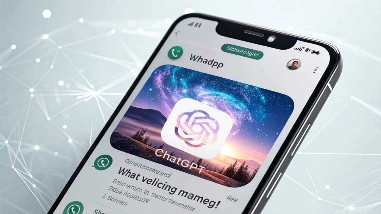 شعار ChatGPT على خلفية جذابة داخل تطبيق WhatsApp، ترمز إلى قدرة إنشاء الصور بالذكاء الاصطناعي مباشرة للنموذج عبر التطبيق.