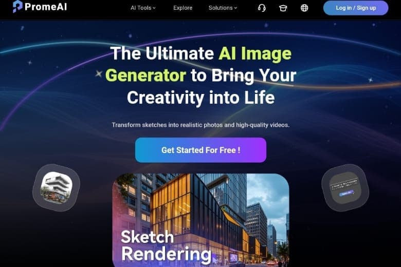 PromeAI Interface: An AI tool for transforming creative ideas into high-quality images and videos, with a free trial available.