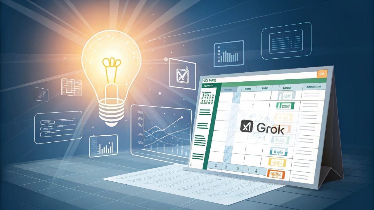 شاشة تعرض واجهة برنامج "جروك" لتحرير جداول البيانات مع رسوم بيانية ولمبة مضيئة ترمز للابتكار في الذكاء الاصطناعي من "إكس إيه آي".