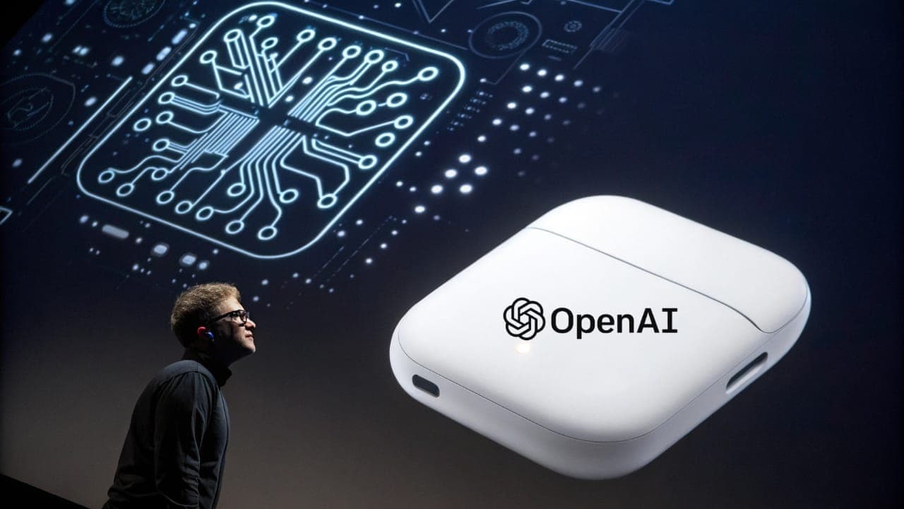 OpenAI CEO Sam Altman looks up at a display showing a complex AI chip design, next to a magnified image of a sleek, white earbud-case-like device bearing the OpenAI logo, conceptualizing a future company device.