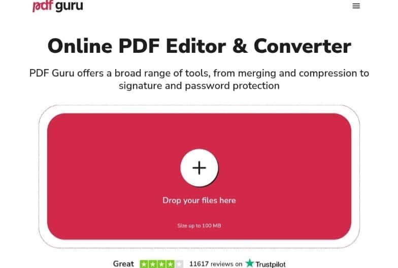 The PDF Guru website interface showing the file upload area for online PDF editing and conversion, with the tool's logo.
