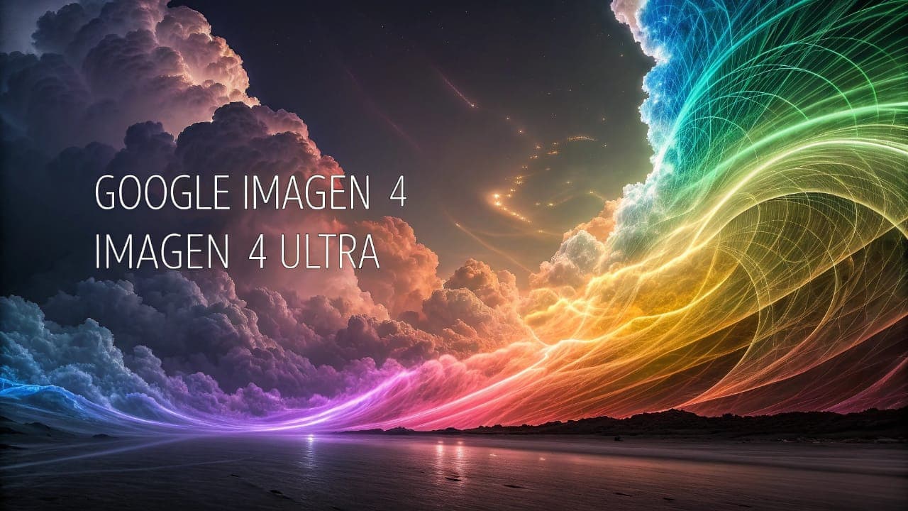 A colorful abstract artwork symbolizing AI's power, featuring light interplays, cosmic clouds, and clearly visible "GOOGLE IMAGEN 4" & "IMAGEN 4 ULTRA" text integrated into the design.