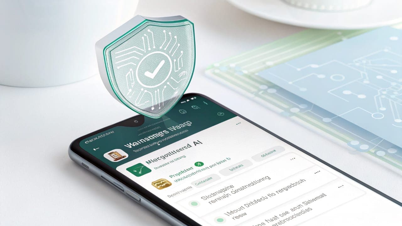 هاتف ذكي يعرض واجهة واتساب مع درع حماية يرمز لخاصية تلخيص الرسائل بالذكاء الاصطناعي مع الحفاظ على الخصوصية.