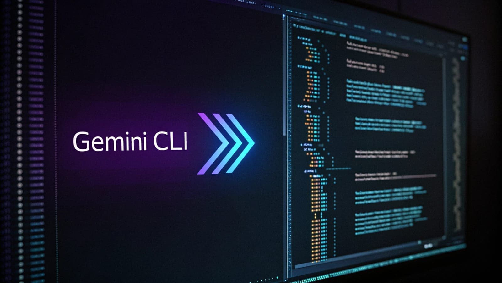 Gemini CLI logo with a command-line interface in the background, showcasing Google's AI tool for developers.