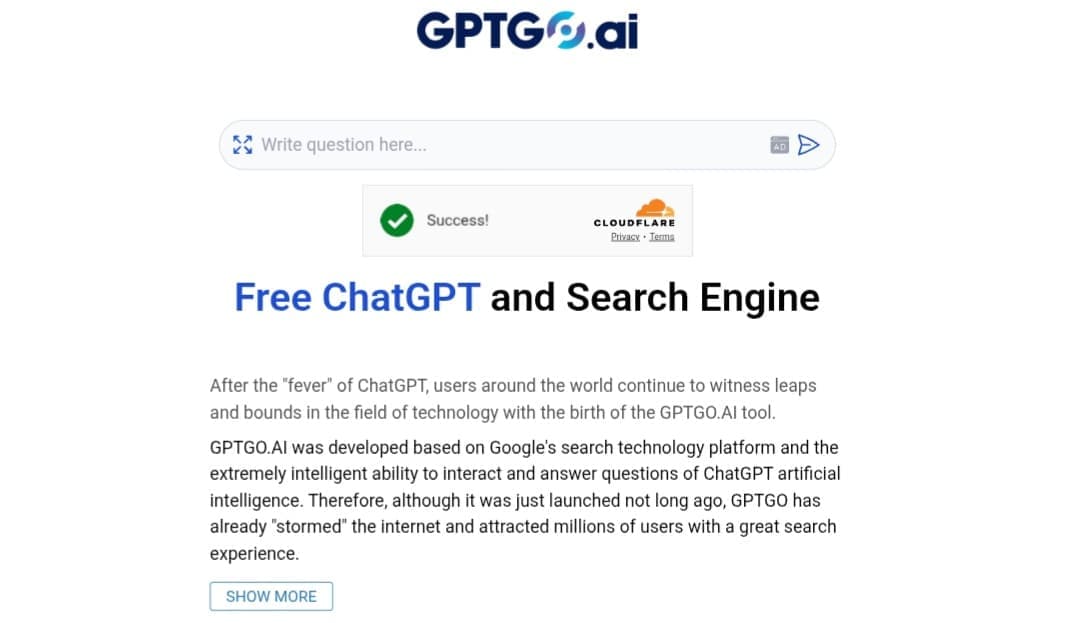 واجهة GPTGO الرئيسية مع شريط البحث وعنوان Free ChatGPT and Search Engine.
