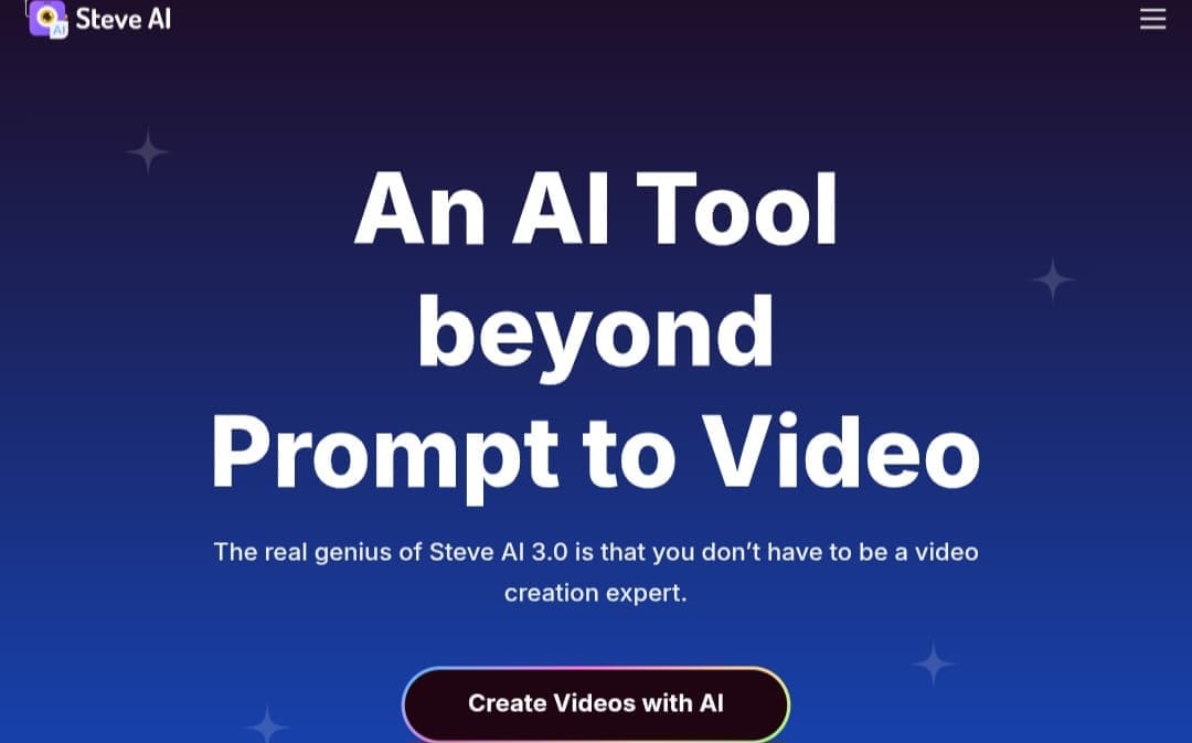 alt="لقطة شاشة لصفحة Steve AI الرئيسية، تظهر عنوان "An AI Tool beyond Prompt to Video" وزر "Create Videos with AI". الصورة توضح واجهة الأداة كصانع فيديو يعتمد على الذكاء الاصطناعي لتحويل النص والأفكار لمحتوى مرئي.