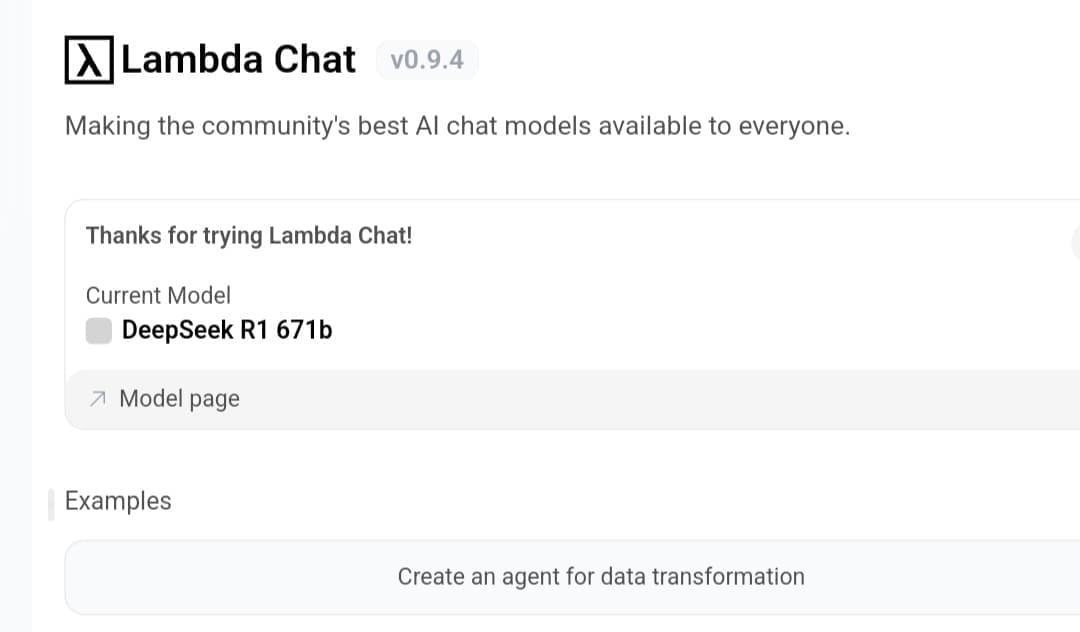 Interface of the free Lambda Chat platform, showcasing the DeepSeek R1 671b model as the default chat option.