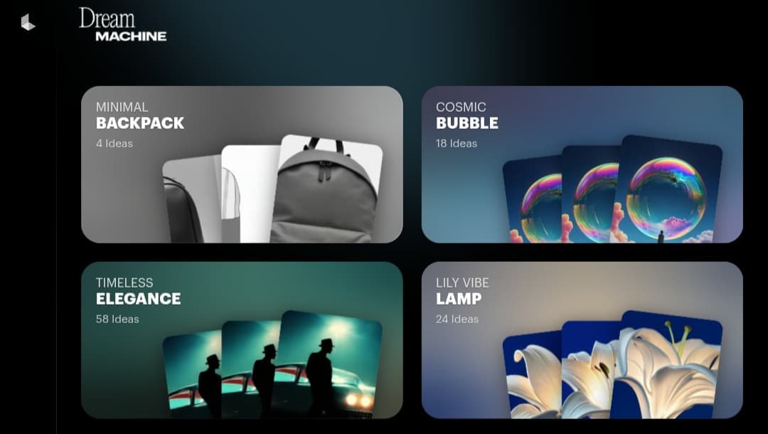Screenshot of the Luma AI Dream Machine interface showing four project cards: 'Minimal Backpack', 'Cosmic Bubble', 'Timeless Elegance', and 'Lily Vibe Lamp'.