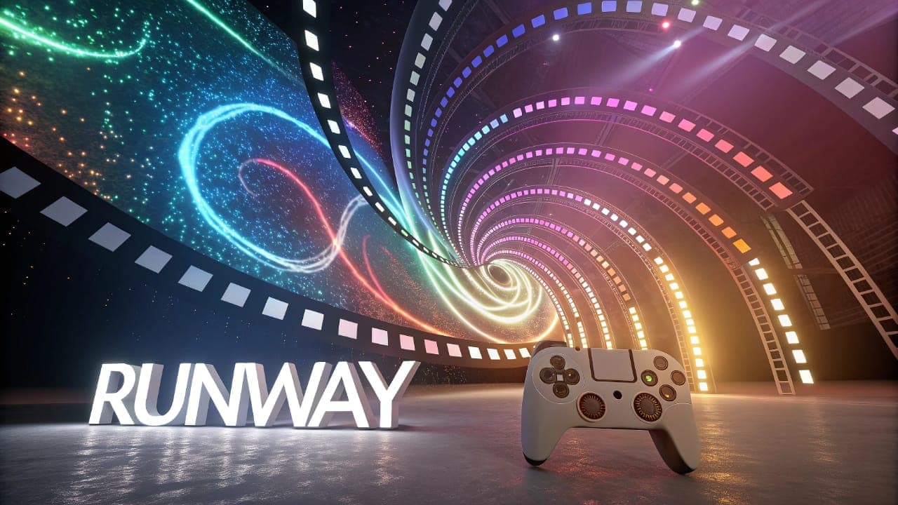 صورة تظهر كلمة RUNWAY بأحرف مضيئة، وفي المقدمة يد تحكم لألعاب الفيديو، مع شريط سينمائي يلتف كدوامة في خلفية مسرح مستقبلي.