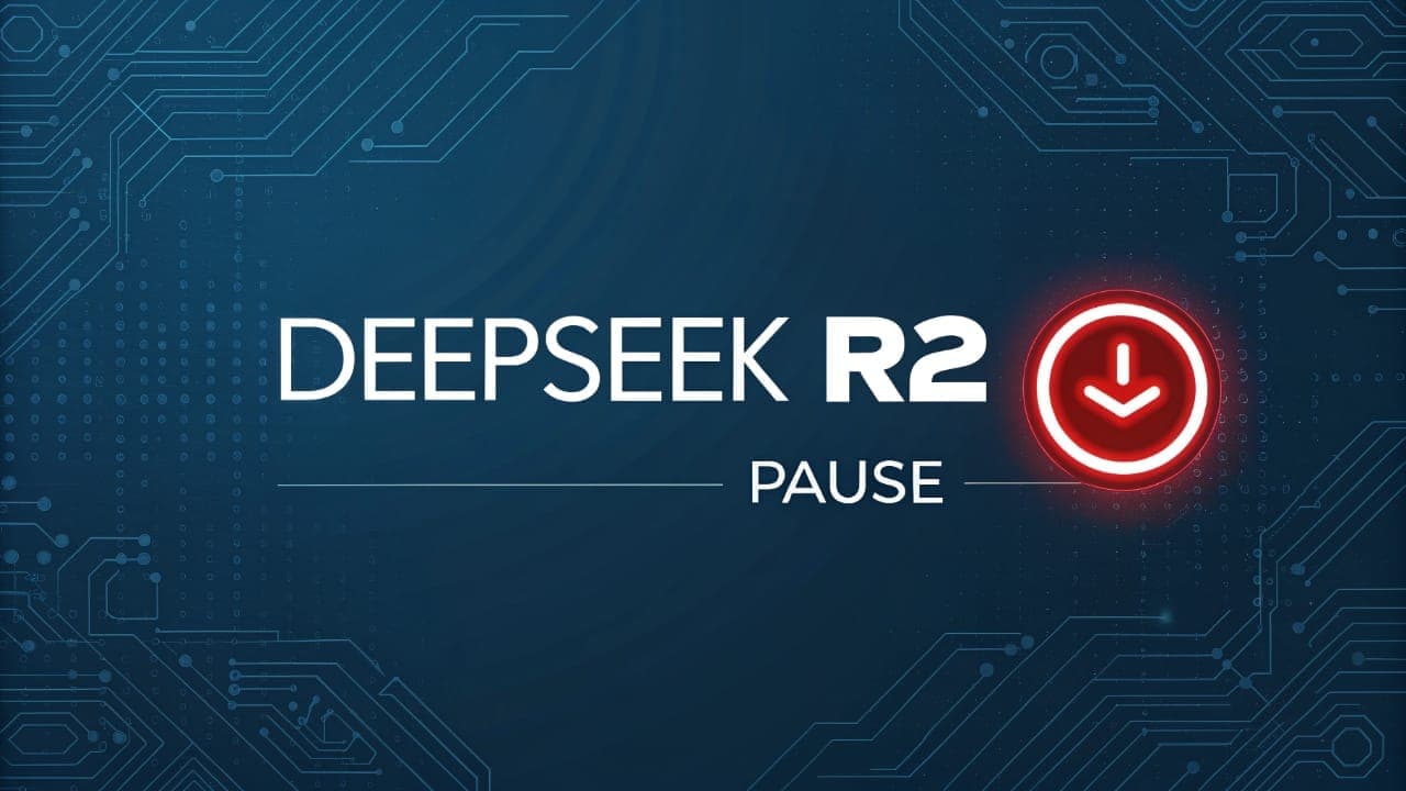 صورة توضيحية تعبر عن تأجيل إطلاق DeepSeek R2، وتظهر اسم النموذج مع كلمة PAUSE وأيقونة توقف حمراء على خلفية تقنية.