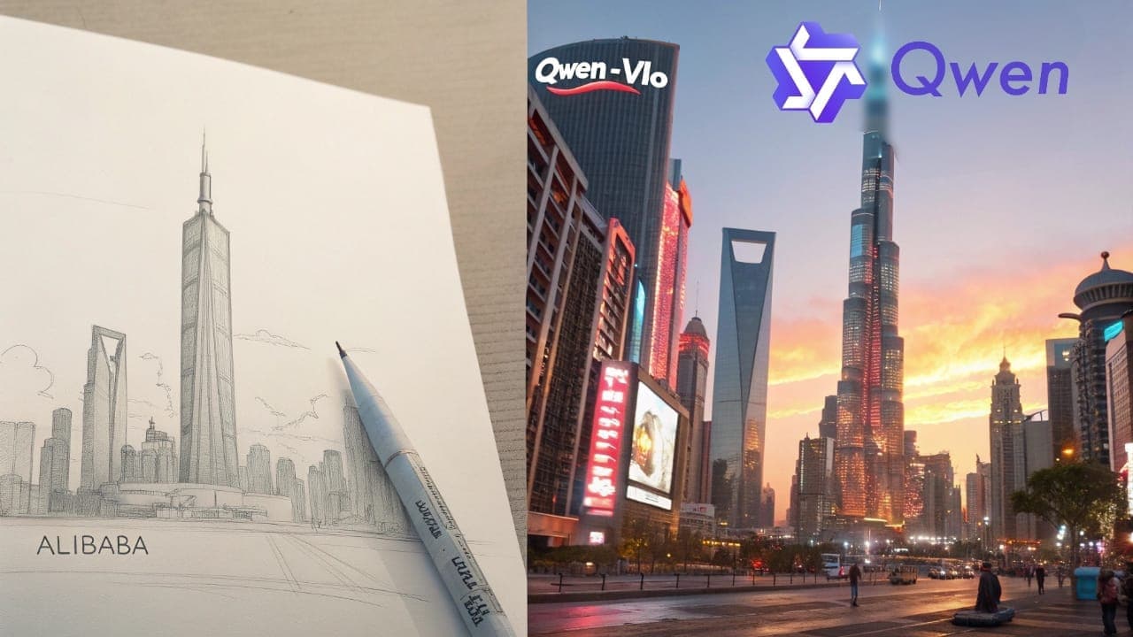 صورة مركبة تظهر قدرات نموذج Qwen-Vlo، حيث تعرض رسمًا يدويًا لناطحات سحاب بجانب صورة واقعية لمدينة حديثة تم إنشاؤها بالذكاء الاصطناعي مع شعار علي بابا و Qwen.