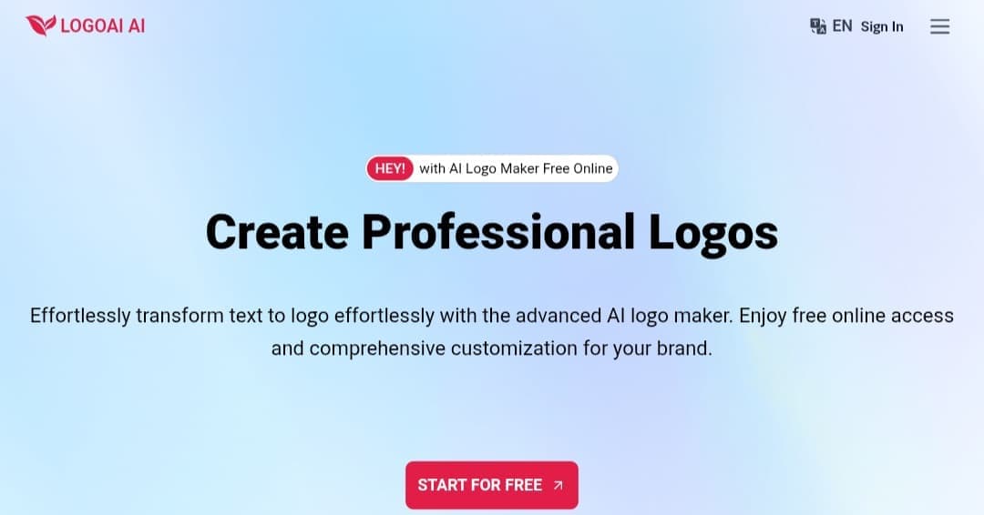 Screenshot of the LogoAI homepage, showing the headline "Create Professional Logos" for its free AI logo maker tool.