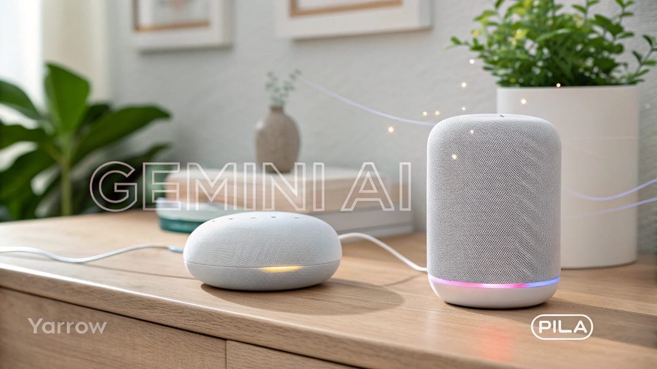 A picture of Google Nest Audio and Nest Mini devices on a wooden desk, with the text "Gemini AI" and the new voice names Yarrow and Pila, and colorful soundwaves coming out of the two devices.
