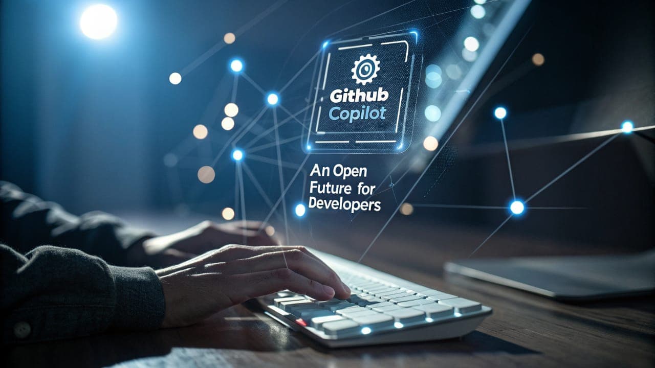 A developer uses GitHub Copilot in the VS Code editor, with the service logo and the text "An Open Future for Developers" displayed on an advanced digital interface.