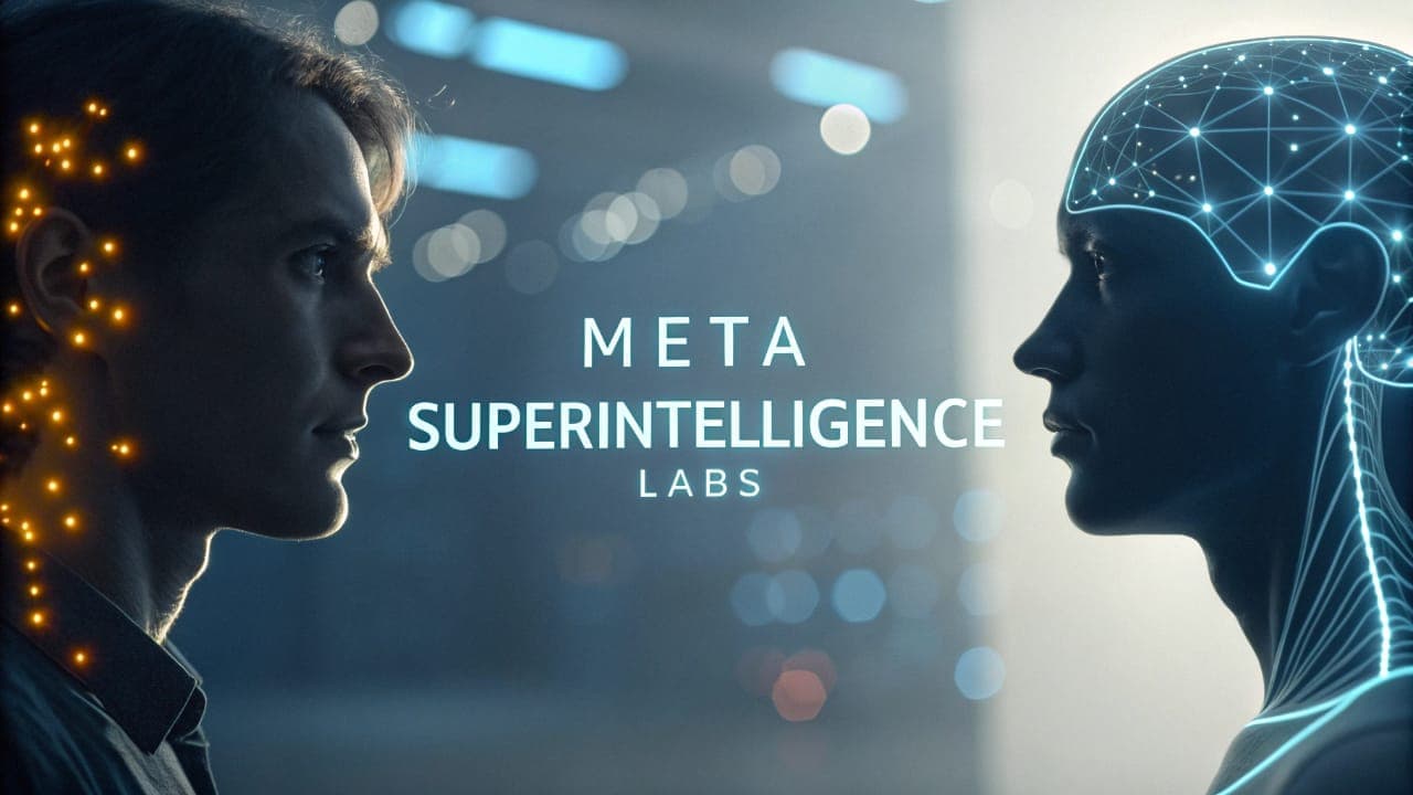 An artistic representation of Meta's Superintelligence Labs, showing a human face opposite an AI representation as a luminous neural network.