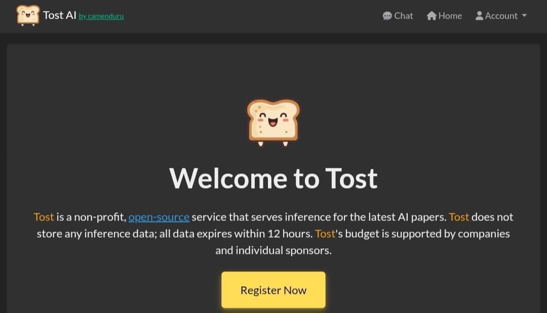 Chat.Tost.ai homepage interface showing the Tost logo and the phrase 'Welcome to Tost.
