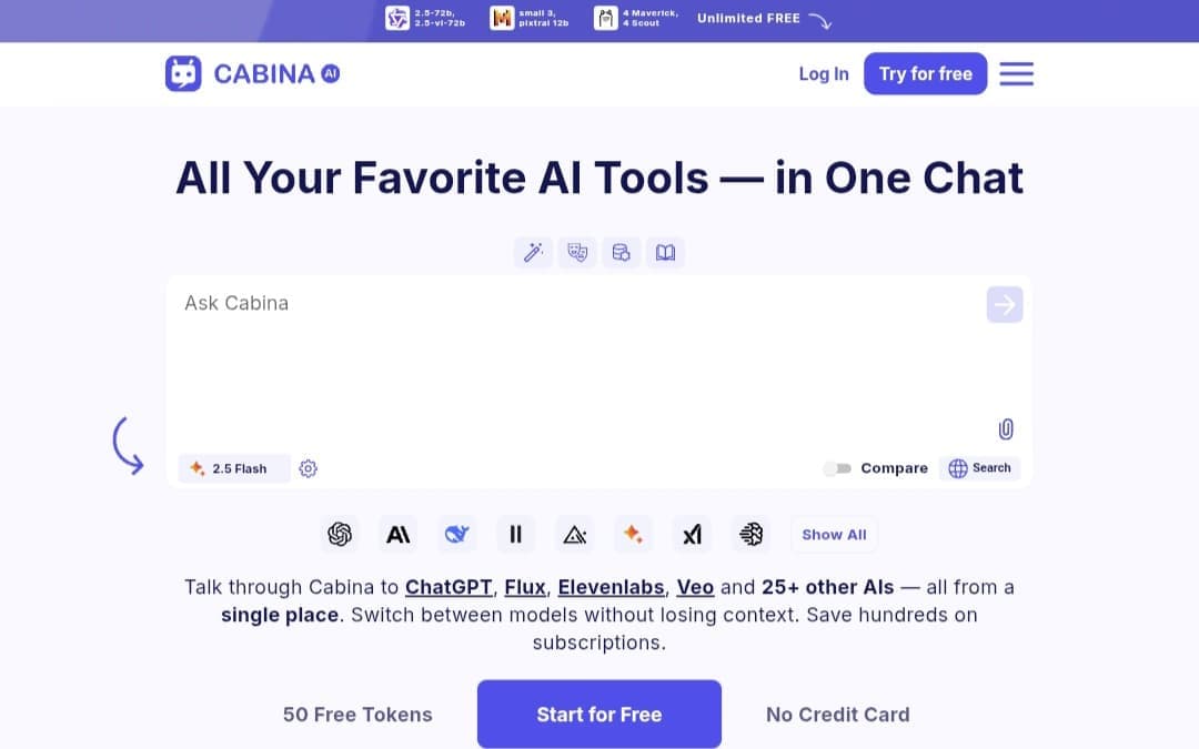 Screenshot of the Cabina AI website interface showing the headline "All Your Favorite AI Tools—in One Chat" with options for chat, comparison, and starting for free.