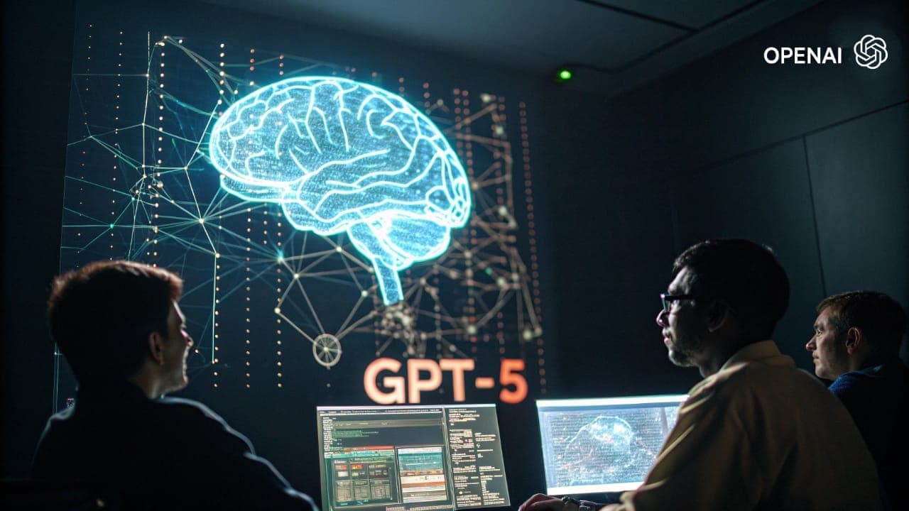 Artistic design showing developers in a dark room facing a giant screen with the word GPT-5, a glowing digital brain graphic, and the OpenAI logo.