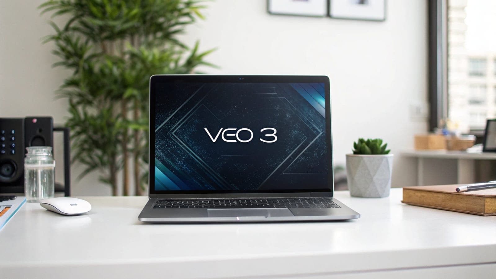 Laptop on a modern desk, screen displaying the Google Veo 3 AI model logo.
