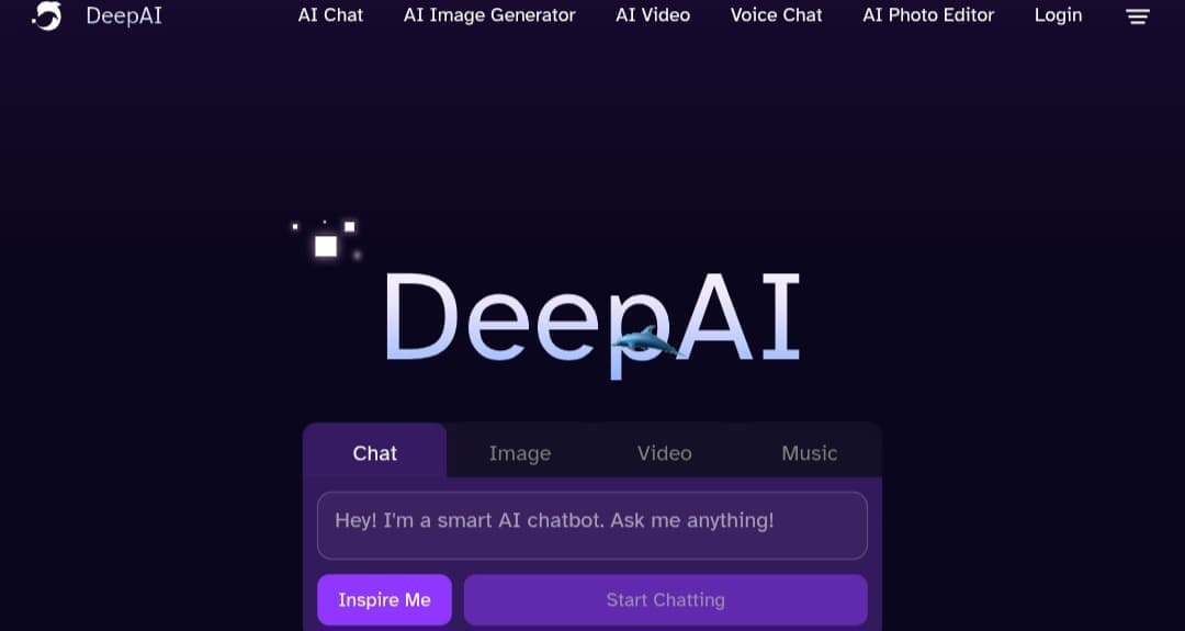 لقطة شاشة للصفحة الرئيسية لمنصة DeepAI، تظهر شعار الموقع وقائمة الأدوات مثل الدردشة، توليد الصور، والفيديو.