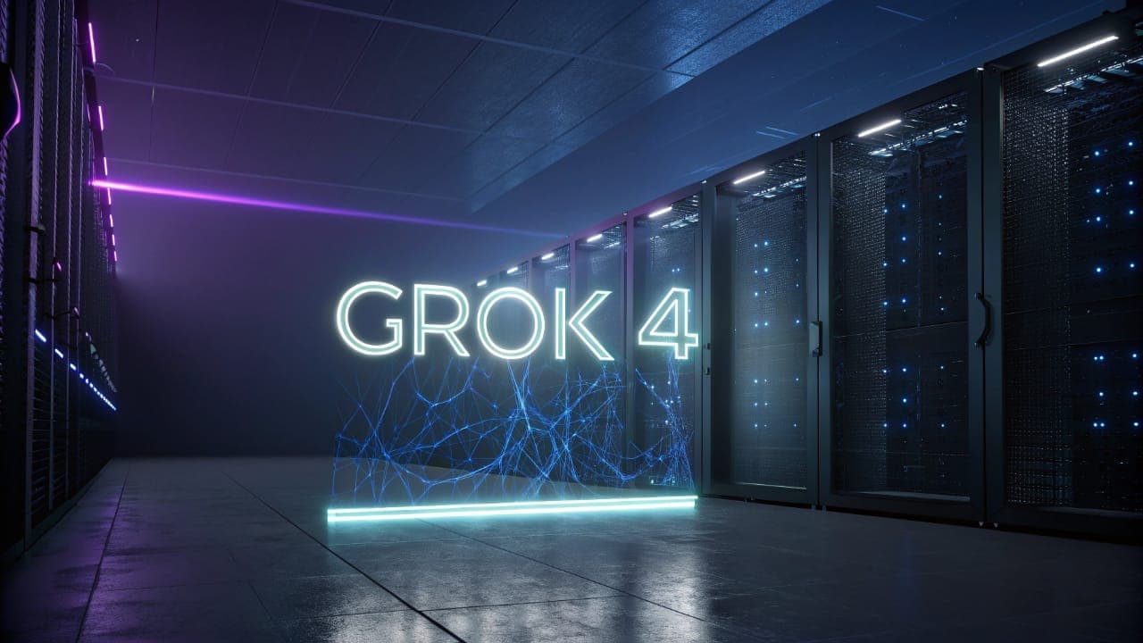 The Grok 4 logo glows in white and blue inside a futuristic data center, with servers on either side and glowing neural networks below the logo.