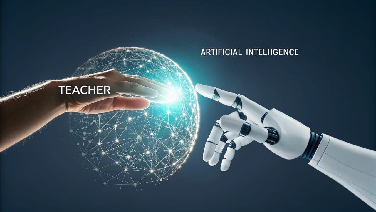 يد معلم بشرية ويد آلية تلامسان شبكة رقمية متوهجة، في رمزية للشراكة بين المعلمين والذكاء الاصطناعي لتطوير التعليم.