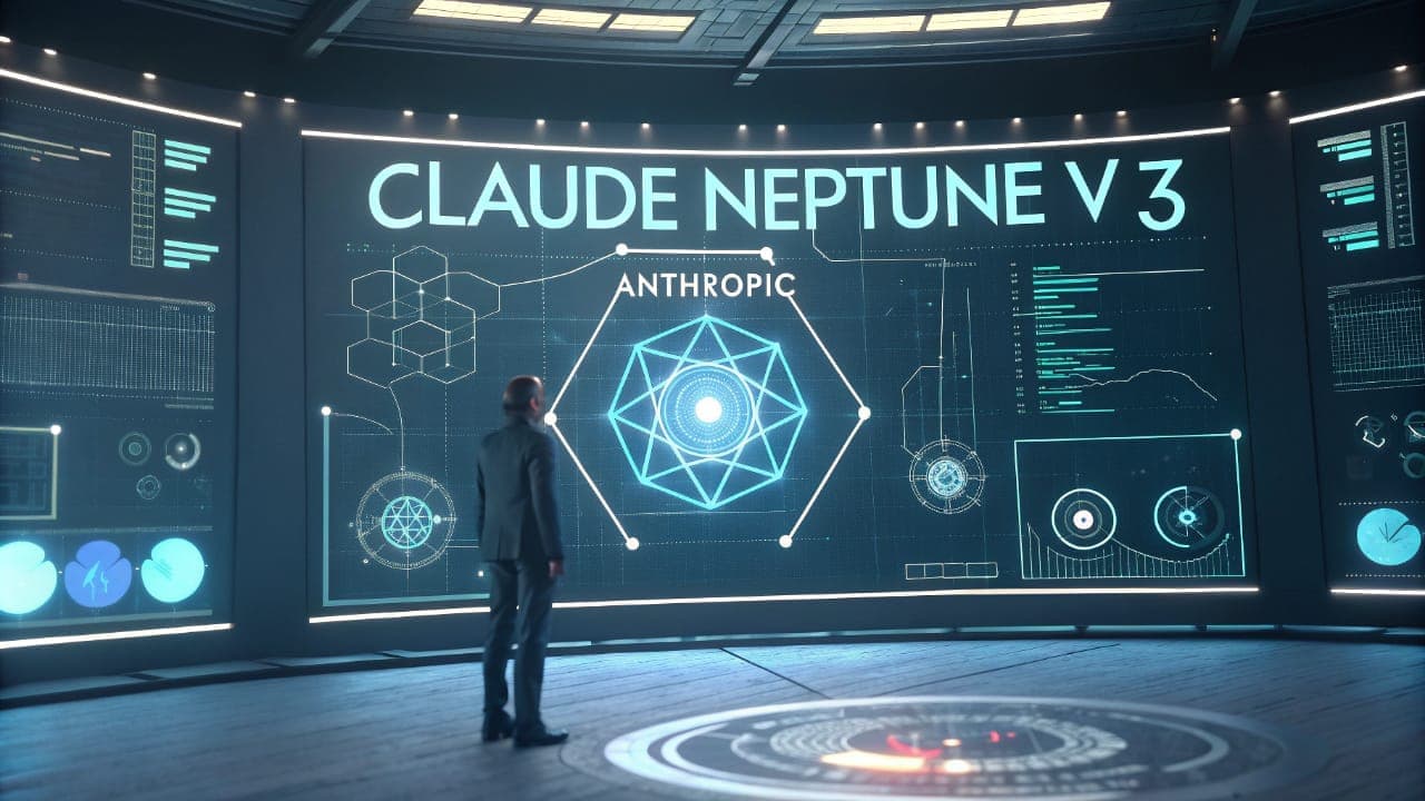 An expert stands before a futuristic screen displaying data from Anthropic's "Claude Neptune v3" AI model.