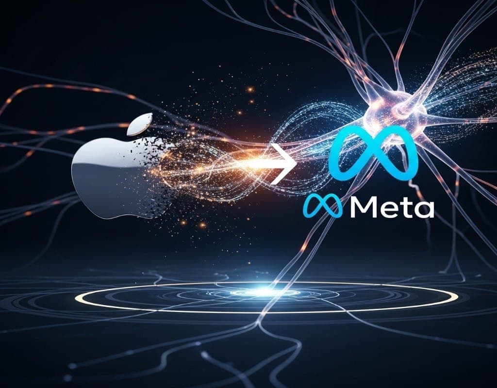A symbolic image of the Apple logo fading while luminous energy flows from it towards the Meta logo, indicating the transfer of an AI mastermind from Apple to Meta.