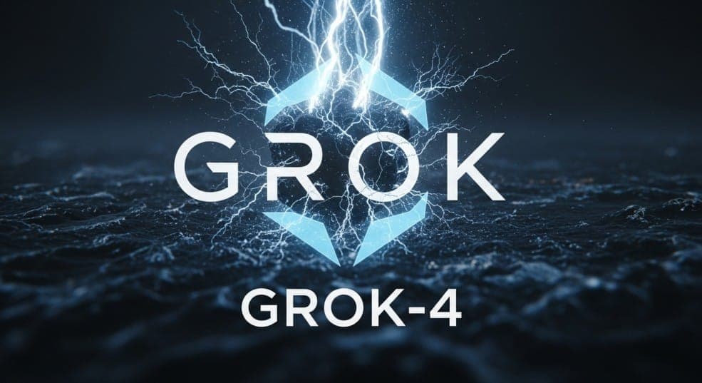 The Grok-4 logo appears over a dark, stormy sea, with a flash of lightning behind it, symbolizing its powerful and controversial launch.