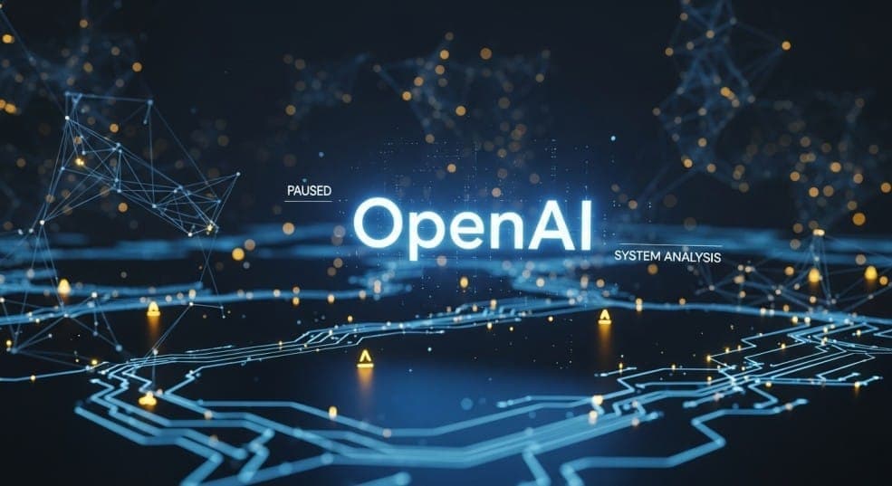 شعار OpenAI يتوسط شبكة رقمية معقدة، مع وجود كلمات "PAUSED" و "SYSTEM ANALYSIS" التي تشير إلى تأجيل إطلاق النموذج المفتوح لأسباب تتعلق بمراجعات السلامة.