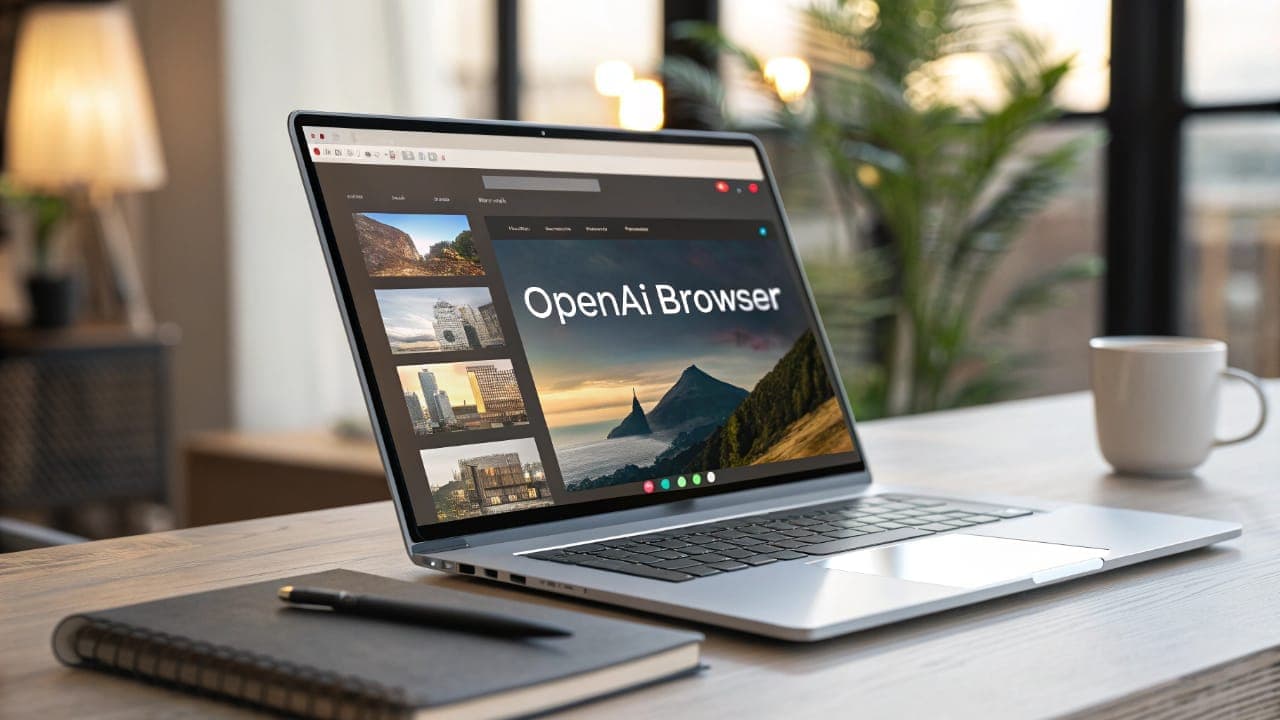 A laptop on a wooden desk displaying the interface of the new OpenAI AI Browser.